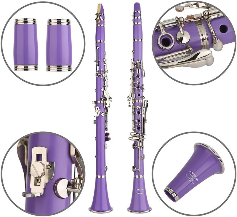 Glory GLY-CLAPUR Professional Ebonite Bb Clarinet with 10 Reeds, Stand, Hard Case, Cleaning Cloth, Mouthpiece Brush and Pad Brush,Purple/Silver - Image 3
